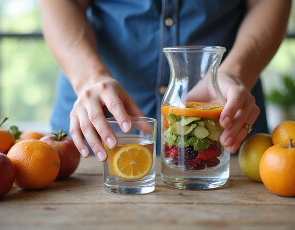 Mani che tengono una brocca d'acqua e un bicchiere, con frutta fresca sullo sfondo, simboleggiando idratazione e benessere.