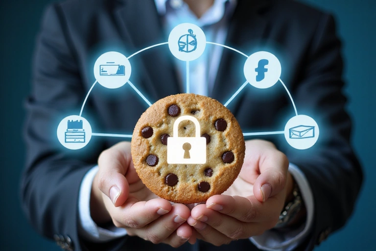 Una mano che tiene un biscotto digitale con icone di privacy e dati che fluttuano attorno ad esso, simboleggiando la politica sui cookie e la protezione dei dati.