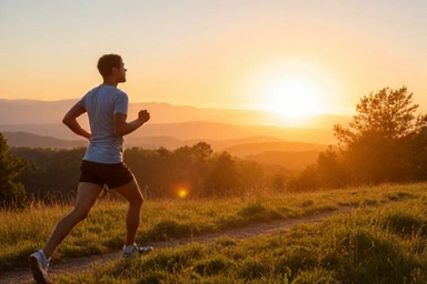 Persona che corre all'aperto, simbolo di attività fisica e benessere, con un paesaggio naturale sullo sfondo.