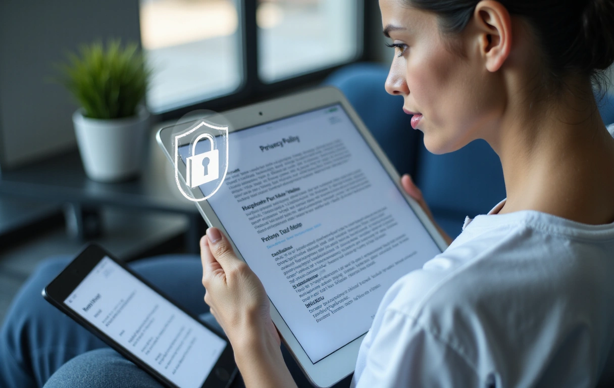 Donna che legge un documento sulla privacy con un lucchetto digitale a fianco