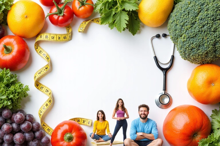 Immagine rappresentativa di diversi aspetti della nutrizione e del benessere, con alimenti freschi, strumenti di misurazione e persone sorridenti che praticano attività fisica.
